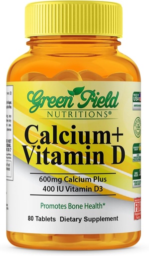 [BRSWG2QCDEIQG3LP] Greenfield Nutritions Halal Kalsium tabletter med vitamin D3 - Halal Kalsium 600mg med vitamin D3 400IU - 90 Halal vitaminer Kalsium tabletter for kvinner og menn, støtter Bein tenner og immun helse
