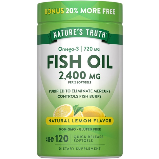 [BRSWICQBBAFRS2DK] Nature's Truth Fish Oil 2400mg | 120 Quick Release Softgels | 720 mg Omega 3 | Burpless Lemon Flavor Pills | Non-GMO & Gluten Free Supplement