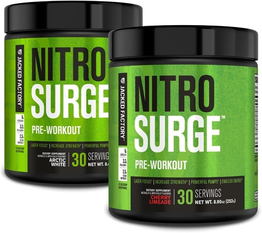 [BRSRAFIRDEPBOH3B] Jacked Factory NITROSURGE Pre тренировка Допълнение за енергия, Instant Strength Gains, Clear Focus, & Intensive Pumps (Arctic White, 30 Servings & Cherry Limeade, 30 Servings)