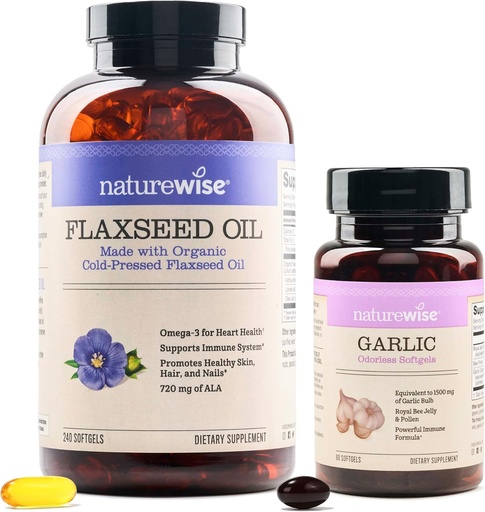 [BRSROYD4BAPRQ3Y4] NatureWise Organic Flaxseed Oil Max 720mg ALA | Highest Potency Flax Oil Omega 3 Garlic Odorless Softgels 1500mg Support Teeth & Immune System Health