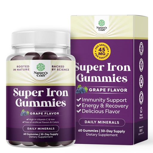[BRSROYIDA55BYYI3] Extra Strength Iron Gummies for Women and Men - Potent 45mg per Serving Chewable Supplement for Women and Men with Vitamin C for Higher Absorption - Vegan Daily Iron Gummy No Artificial Flavors - 60Ct