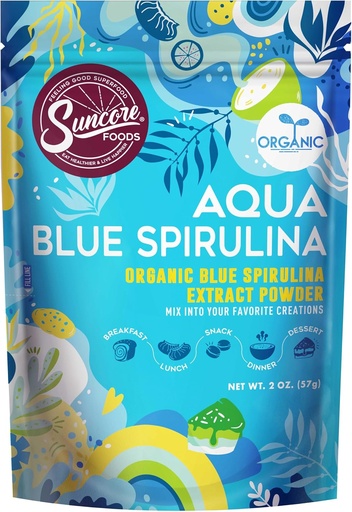 [BRSWGFLQDIPAIYDJ] Suncore Foods Organic Aqua Blue Spirulina Milteliai, 2 oz (1 maišelis), nemokamai, ne GMO, Plant-pagrįstas, puikiai tinka maisto dažymas, Kepimas, Gėrimai, Smoothies, ir daugiau