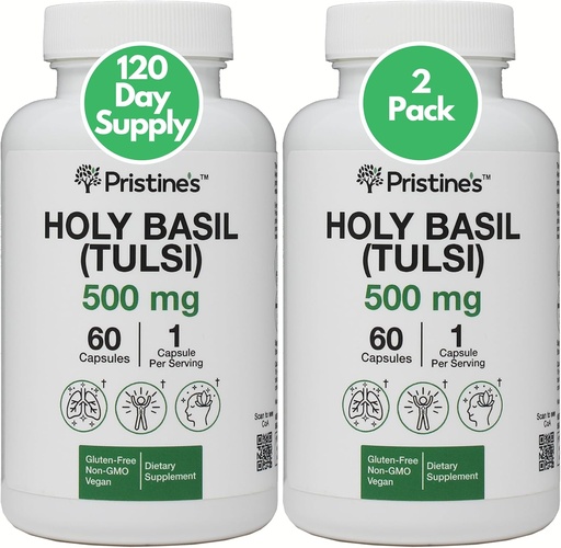 [BRSRAEIZCV4AEHLF] PRISTINE'S Holy Basil (Tulsi) 500 mg (2 Pack) Relaxation & Immunity Support Adaptogen Supplement - 120 Day Supply - Holy Basil Leaf Capsules - Vegan - Non-GMO - Gluten Free Supplements