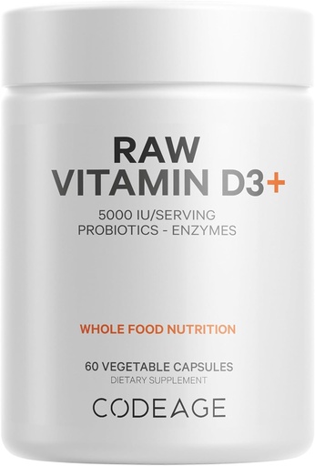 [BRSROBQODFYAIG35] Codeage Raw Vitamin D3 + High Potency 5000 IU Suplemen dari Saccharomyces Cerevisiae - Raw Vitamin, Progories, Digetical Enzymes, Fruits & Greens - 2-Bulan Pasokan - 60 Capsules