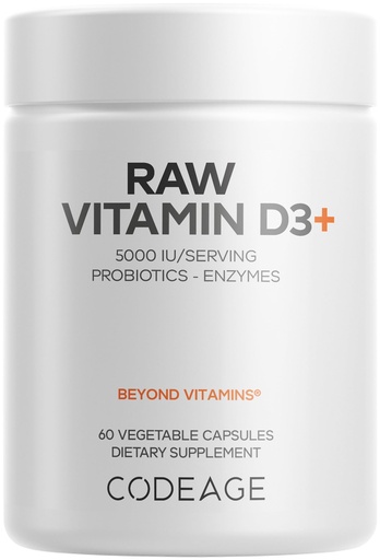 [BRSROBQODFYAIG35] Codeage Raw Vitamin D3+ High Potency 5000 IU Supplement from Saccharomyces Cerevisiae - Raw Vitamin, Probiotics, Digestive Enzymes, Fruits & Greens - 2-Month Supply - 60 Capsules