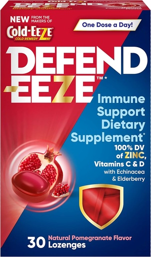 [BRSRMEABOEIAOALJ] Defend-EEZE Immune Support Dietary Supplement Lozenges, 100% Daily Value of Zinc, Vitamins C & D per Dose, with Echinacea & Elderberry, Pomegranate Flavor, 30 Lozenges