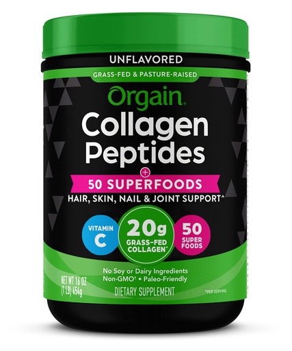 [BRSW2ZT3AUOQYC3Z] Orgain Hydrolyzed Collagen Powder + 50 Organic Superfoods For Women & Men, 20g Grass Fed Collagen with Vitamin C, Unflavored - Hair, Skin, Nail, & Joint Support Supplement, Non-GMO, Type I & III, 1lb