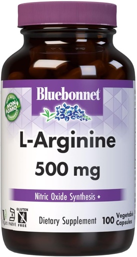 [BRSWIYQZBQJRYEI7] Bluebonnet Nutrition L- Arginine 500mg, Free-Form Amino Acid, Nitric Oxide Precistor *, Soy- Free, Gluten- Free, Non- GMO, Kosher Certified, Vegan, 100 növényi kapszula, 100 szerva, fehér