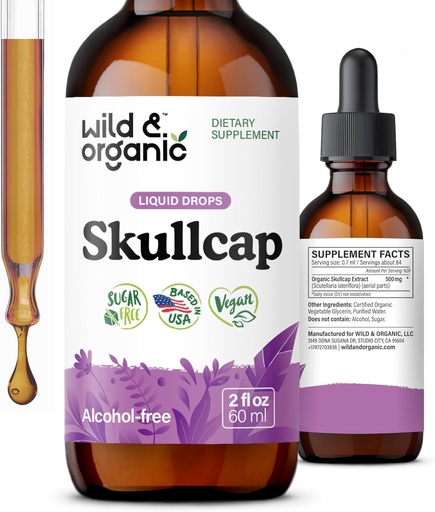 [BRSROY37AQBR6ALU] Wild & Organic Skullcap Tincture - Relaxation, Good Mood, Calmness - Liquid Skullcap Herb Supplement - Vegan, Sugar & Alcohol-Free Drops - 2 fl oz