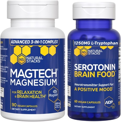 [BRSWYAQTAVYRGALO] NATURAL STACKS MagTech Magnesium + Serotonin Brain Food Bundle - Supports Relax, Brain Health &amp; a Positive Mood* - 150 Total Capsules