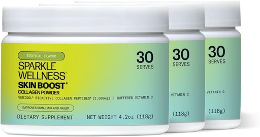 [BRSWGBT5OFYAYEIZ] Sparkle Wellness Skin Boost (Tropical) [3 Pack of 30-Serves] | Collagen Powder Supplement with VERISOL Bioactive Hydrolyzed Collagen Peptides & Vitamin C to Improve Skin, Hair & Nail Health