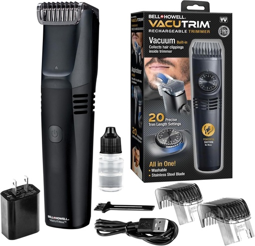 [BRSRMZQLBMDRUDIY] Vacutrim Cordless Mens Beard Trimmer, Rechargeable Electric Shaver with 20 Trim Setting Calibration Dial and Built-in Vacuum for Mustache, Sideburns. Facial Hair, Black, 7.5", As Seen On TV