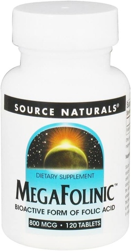 [BRSWIZYAA4FRWHLK] Source Naturals MegaFolinic 800mcg Bioactive Folic Acid, Brain & Cell Health - 120 Tablets