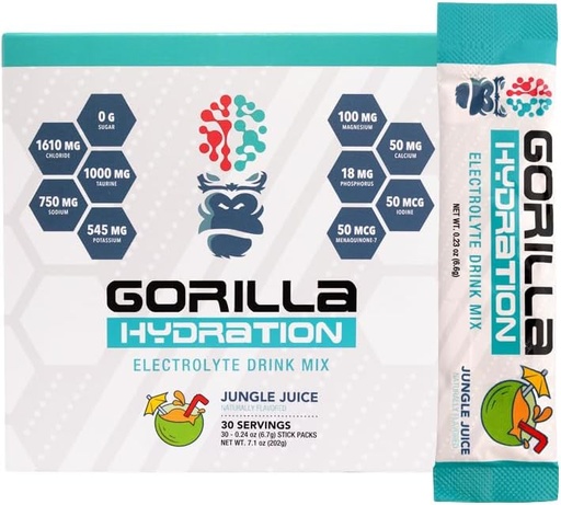 [BRSROHYDC4AQE2A2] Gorilla Mind Hydration Packets - 3,073mg Elektroliti na Go Prijetna pijača Mix za celovito polepševanje - Nič sladkorja, naravno sladkan in nastil prijateljski - 30 Count (Jungle Juice)