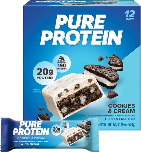 [BRSROFIPCUJRSEY7] Pure Protein Bars, High Protein, Nutritious Snacks to Support Energy, Low Sugar, Gluten-free, Cookies and Cream, 1.76oz, 12 Pack