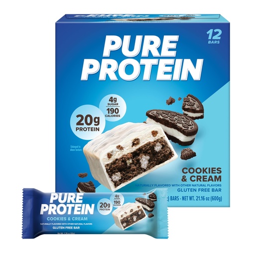 [BRSROFIPCUJRSEY7] Pure Protein Cookies And Cream Protein Bars – 20g Protein, 3g Sugar, 190 Calories (12 count) Low Sugar* High Protein Snack - Gluten Free - Perfect for a Healthy Snack