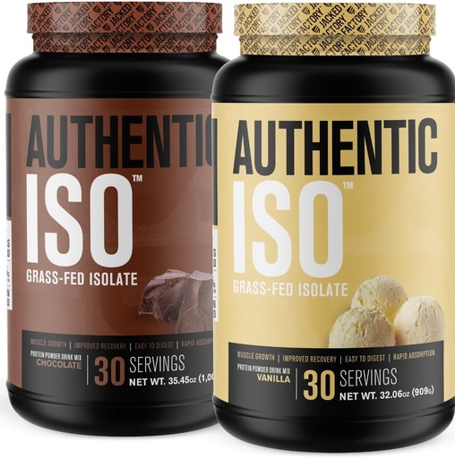[BRSRAGINA4PBEE35] Jacked Factory Authentic ISO Grass Fed Whey Protein Isolate Powder - Low Carb, non-GMO Muscle Building Protein w/No Fillers (Chocolate, 30sv) & (Vanilla, 30sv)