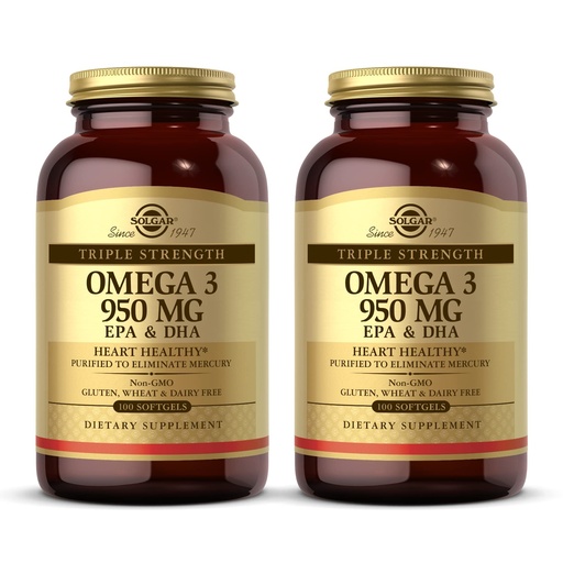 [BRSWIYIZOQNBKALC] Solgar Triple Strength Omega 3 950 mg - 100 Softgels, Pack of 2 - Supports Joint & Skin Health - Non-GMO, Gluten Free, Dairy Free - 200 Total Servings