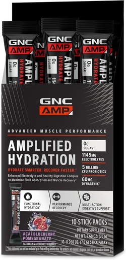 [BRSROYIDA5YWOAI6] GNC AMP Amplified Hydration Electrolyte Powder Drink Mix | Enhanced Electrolyte & Healthy Digestion Complex | Acai Blueberry Pomegranate | 10 Count