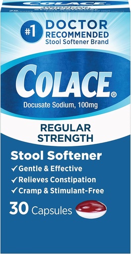 [BRSWIYQOAAAGYCDG] Colace Regular Strength Hocker Softener für gentle Effective Constipation Relief, Nr. 1 Doctor Empfohlene Hocker Weichspüler Marke, 100 mg Docusate Kapseln, 30 Count