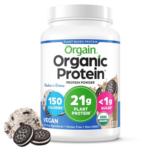 [BRSRMBIHDEOWMF3X] Orgain Organic Vegan Protein Powder, Cookies & Cream - 21g Plant Based Protein, 7g Prebiotic Fiber, Low Net Carb, No Lactose Ingredients, No Added Sugar, Non-GMO, For Shakes & Smoothies, 2.03 lb