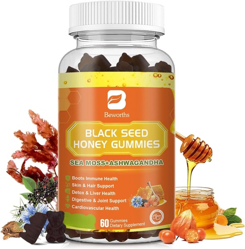 [BRSRAGQRCR7RUC35] Black Seed Oil Sea Moss Gummies with Ashwagandha, Burdock Root, Linden Honey, Elderberry, Turmeric, Vitamin C, D3 & Zinc - Supports Immunity, Joints, Digestion, Hair & Skin, Vegan Gummies 60 Counts