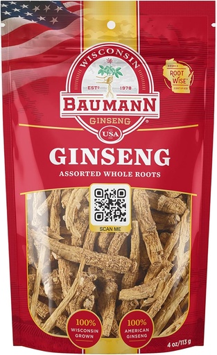[BRSW2HQ7AB5BSYLB] Baumann Wisconsin žeņšeņs Asorti Veselas saknes 4 oz - 100% Natural Panax Ginseng Herb, Pure Kaltēts amerikāņu žeņšeņs pastiprinātai enerģijai
