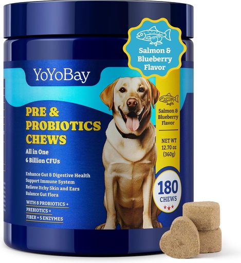 [BRSRAHTQB4MRQ2TJ] Probiotics for Dogs - Dog Probiotics for Gut, Immune & Skin Health - 6 Billion CFUs, 180 Soft Chews, Salmon & Blueberry Flavor - with Prebiotics & Digestive Enzymes