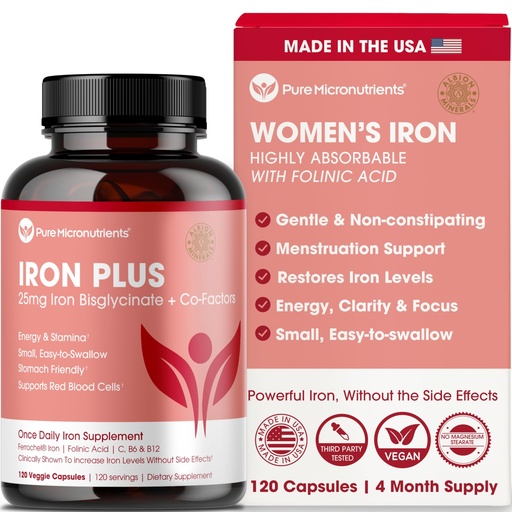 [BRSWIHAYC4MWC2TU] Iron Supplement for Women - Gentle Chelate Iron Bisglycinate 25mg with Vitamin C, B6, B12 Folic Acid – Supports Iron Deficiency, Menstrual Health & Energy - 120 Count