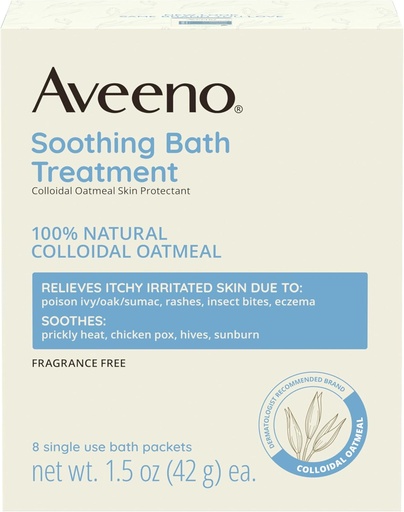 [BRSWIYQ4AYEBKC3C] Aveeno Fragrance-free calmante tratamento de banho e molho para alívio calmante, 100% farinha de aveia coloidal natural, alívio comichão, pele irritada devido a Eczema, 8 pacotes de banho de uso único