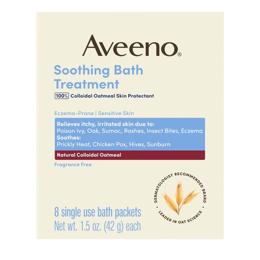 [BRSWIYQ4AYEBKC3C] Aveeno Soothing Bath Treatment, Natural Colloidal Oatmeal Bath for Eczema, Sensitive Skin, Fragrance-Free Formula, Eczema Bath Soak Relieves Itchy, Dry Skin, Individual Packets, 8 ct.