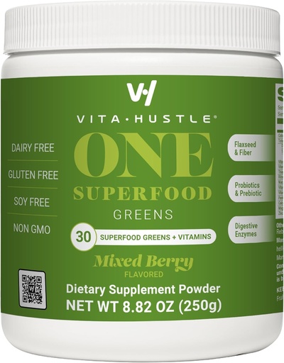 [BRSROFT2C4IGKEQY] VitaHustle ONE Superfood Super Greens Powder with Prebiotics + Probiotics, Reduce Bloating, Detox, Gut Health, Spirulina, Chlorella, Digestive Enzymes (Berry Flavor, 25 Servings)