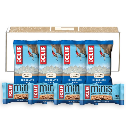[BRSWYBACOJ6BS2T7] CLIF BAR - Chocolate Chip - Full Size and Mini Energy Bars - Made with Organic Oats - Non-GMO - Plant Based - 2.4 oz. and 0.99 oz. (20 Count)