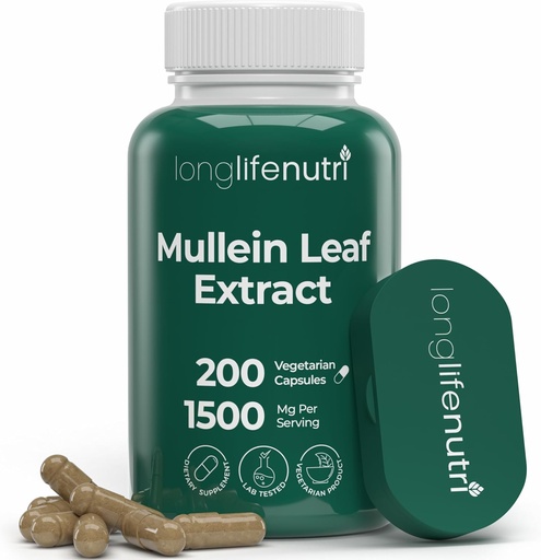 [BRSW2ADRCICGKDT5] LongLifeNutri Mullein Leaf 1500mg 10:1 Extract - 200 Vegetarian Capsules, from Organic Mullein Leaf Powder, Herbal Supplement for Respiratory Care, 2-Month Supply, Non-GMO, GMP Certified, Made in USA