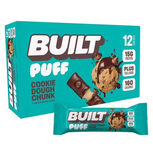[BRSRMZIZOQMBUEQ6] BUILT Bar Puff Protein Bars - Cookie Dough - 15g Protein Snack Bars with Collagen - Calorie Conscious, No Gluten Free - 12 Count