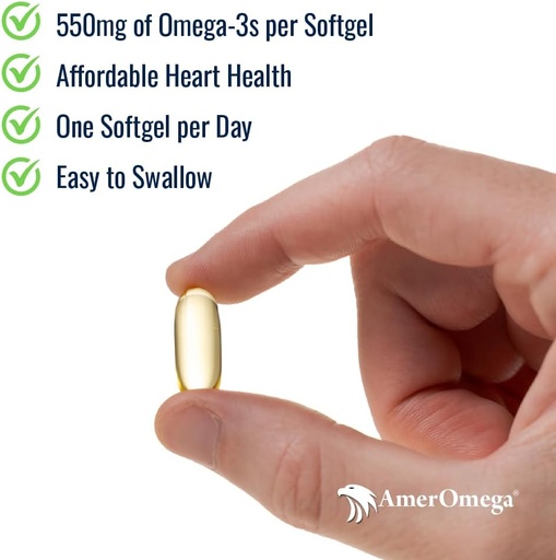 [BRSRAAQTBAARM3L5] AmerOmega Triglyseride Omega-3 Fish Oil for Heart Health Support - Wild-Caught Alaskan Walleye Pollock - American-Sourced, American-Made - Ei-GMO, Gluteeniton & Dairy-free - 60 Softgels