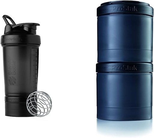 [BRSRMCYNPIFQGE33] BlenderBottle Shaker瓶装有蛋白质粉末组织器和存储器,ProStak系统,22 Ounce,Midnight Black & ProStak Twist n'锁存储罐扩展2-Pak配有 Pill 托盘,全黑