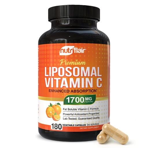 [BRSWGFQBOIJR4AYU] NutriFlair Liposomal Vitamin C 1700mg, 180 Capsules - High Absorption, Fat Soluble VIT C, Higher Bioavailability Immune System Support & Collagen Booster, Non-GMO, Vegan Pills