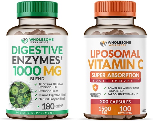 [BRSROCT5CUMAK3L3] Wholesome Wellness Digestive Enzymes 1000MG Plus Prebiotics & Probiotics + Liposomal Vitamin C Capsules (200 Pills 1500mg Buffered) Bundle