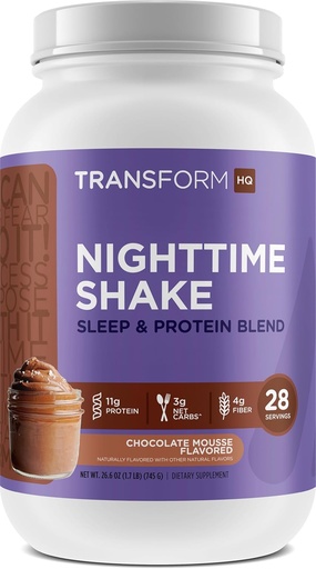 [BRSROYAPAANR4G3J] TransformHQ Nighttime Shake, Sleep + Protein Blend, 28 Servings, Chocolate Mousse Flavor