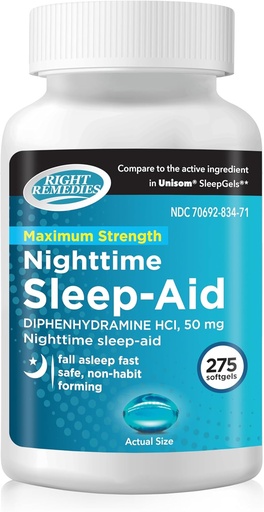 [BRSRMEIBA4CRMFAU] Nighttime Sleep Softgels, (275 רכות), Diphenhydramine HCI 50 מ"ג, Fall Asleep Fast, תומך Deeper, Sleepful Sleep