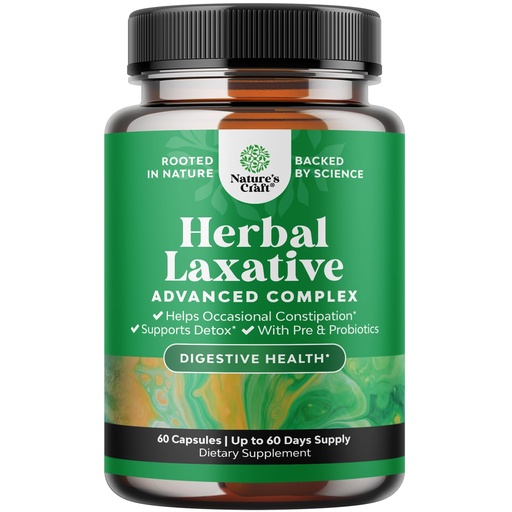 [BRSWKHQROUAG2YDG] Herbal Laxative Capsules with Probiotics – Natural Laxatives for Constipation with Senna Leaf, Psyllium, Aloe Vera – Colon Cleanse for Women & Men - Detox for Gut Health & Weight Management – 60 Count