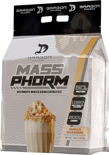 [BRSRMCQLOEDQIHY2] DRAGON PHARMA Mass Phorm, Ultimate Mass Gain Catalyst, 50g Protein Matrix, 200g of Complex Carbohydrates, Over 1,000 Calories Per Serving (20 Servings, Vanilla Milkshake)