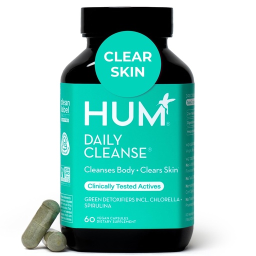 [BRSWICQ4CBYGA3TC] HUM Daily Cleanse Acne Supplements for Women & Men, Gentle Digestive Cleanse for Clear Skin Support, Zinc, Spirulina, Chlorella, Detoxifying Herbs, Organic Algae, Skin Vitamins Supplement, 60 Capsules