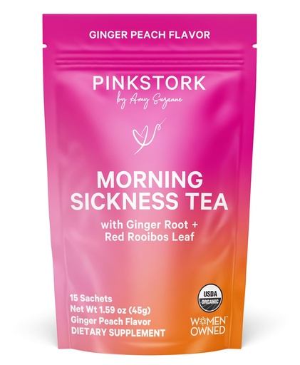 [BRSWIAIGC57WG3TU] Pink Stork Organic Morning Sickness Pregnancy Tea - Hot or Iced Tea - Prenatal Heartburn, Indigestion, and Constipation Support - 1st Trimester Pregnancy Must Haves - Ginger Peach, 15 Sachets