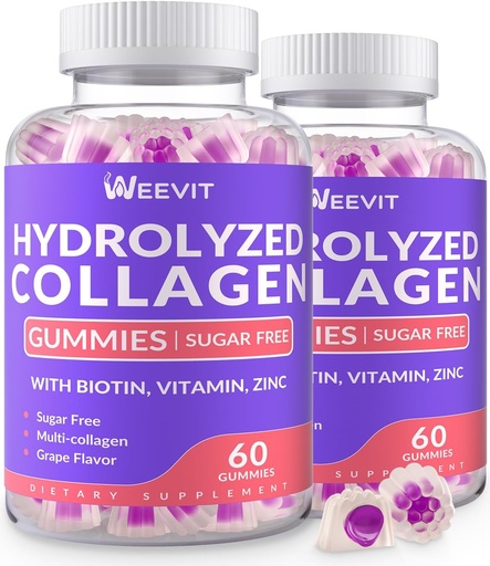 [BRSRAFIFPIHGC3D6] Sugar-Free Hydrolyzed Collagen Gummies, Collagen Peptide Gummies for Women, Collagen Protein Type I,II,III,V,X with Biotin, Vitamin C, D, B12 for Hair Skin Nails