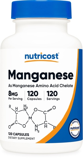 [BRSW2BILCEMRMYL3] Nutricost Chelated Manganese Supplement 8mg, Amino Acid Chelate, 120 Capsules, 120 Servings - Gluten Free, Non-GMO and Vegetarian Friendly