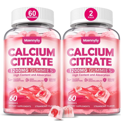 [BRSRAFLRBV4AAHI4] Calcium Citrate Gummies 1200 mg for Adults: Ultimate Absorption Calcium Supplement for Women & Men - Easy to Digest, Vegan, Non-GMO, Gluten Free - Natural Strawberry Flavor