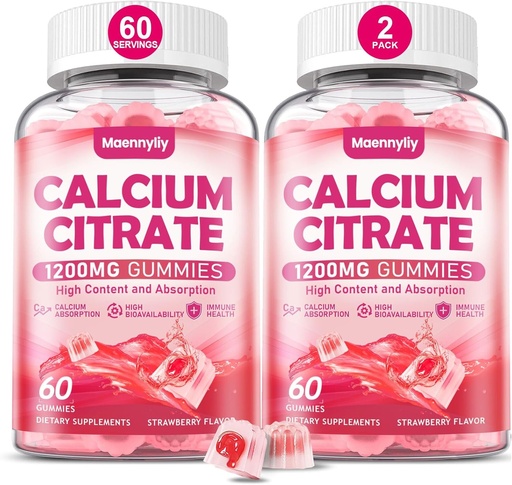 [BRSRAFLRBV4AAHI4] Calcium Citrate Gummies 1200 mg per adulti: Ultimate Absorption Calcium Supplemento per le donne e gli uomini - Facile da digerire, Vegan, Non OGM, Gluten Free - Natural Strawberry Flavor