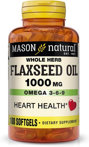 [BRSWIZAEAAORQ23E] MASON NATURAL Flaxseed Oil 1000 mg - Omega 3-6-9 Kalp Sağlığı için Yumuşak Kadın - Soğuk Havali - Tüm Herb Supplement - Gluten-Free, Non-GMO, 100 Softgels